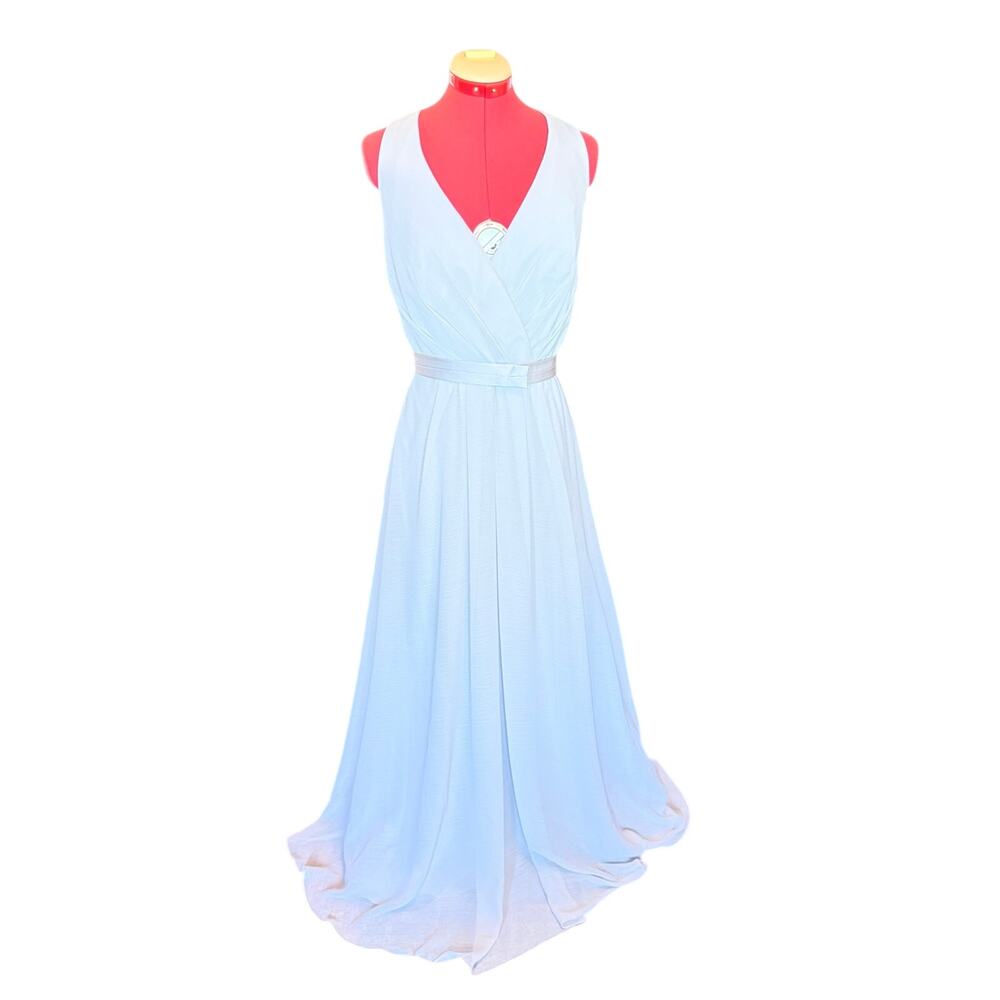 Vera Wang White Sterling Bridesmaid Gown Size 16 Ice Blue Gray Crisscross Back - Picture 1 of 11